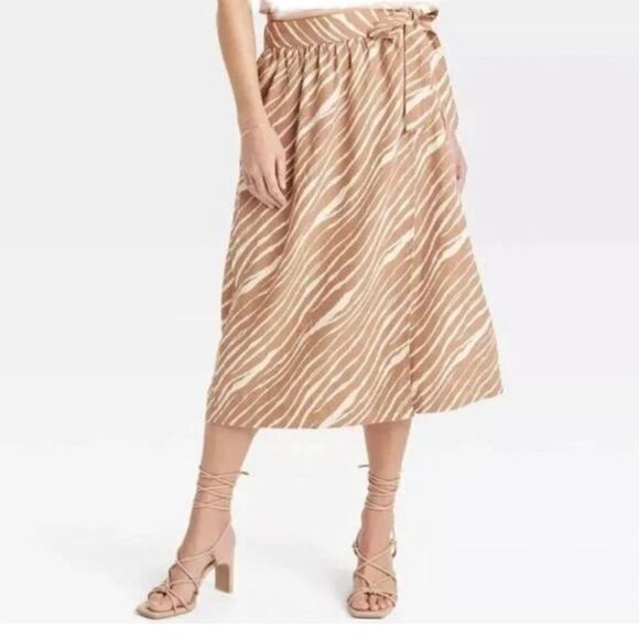 A New Day Khaki Cream Zebra Stripe Linen Blend Midi Wrap Skirt NEW - Picture 1 of 16